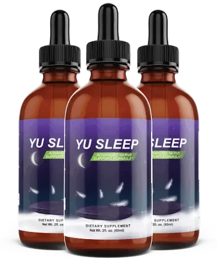 Three Yu Sleep amber dropper bottles with purple front labels